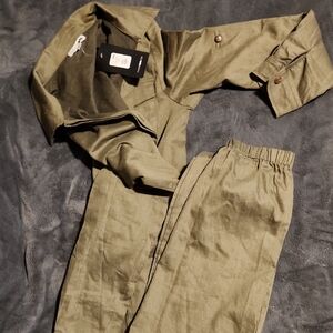 Olive Green Button-Up Jumpsuit.